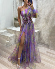 Ein-Schulter-Maxikleid aus Chiffon für Damen mit floralem Überwurf