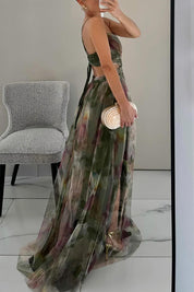 Maxi-Cocktailkleid für Damen mit Mesh-Überzug und V-Ausschnitt