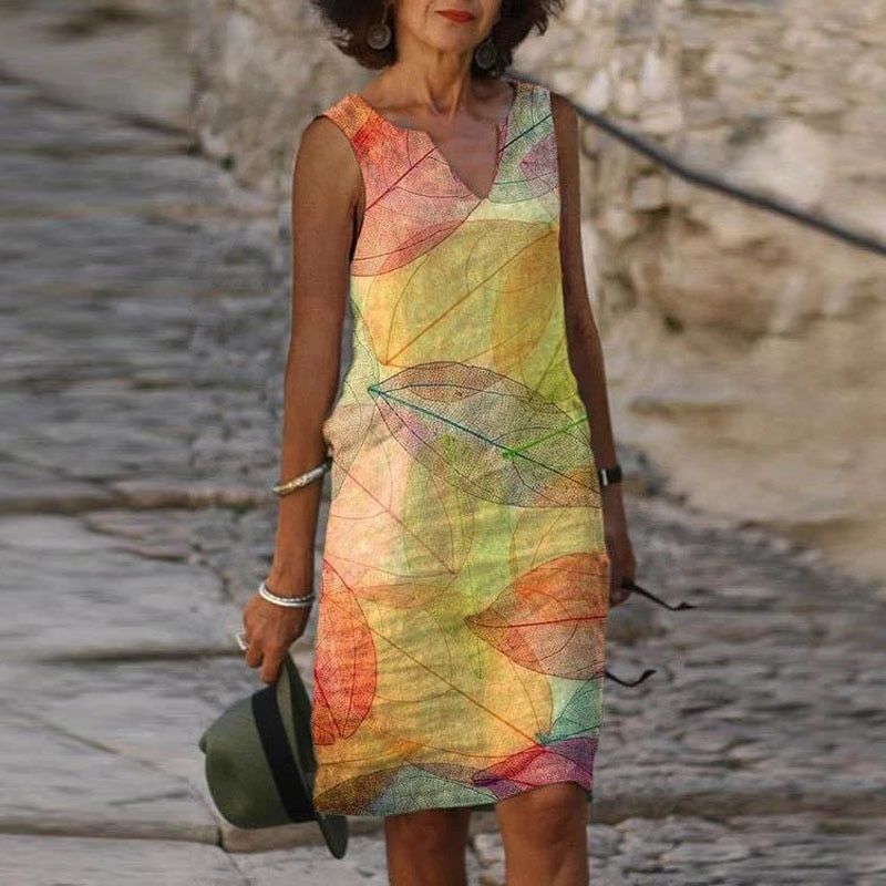 Stylisches Midikleid mit Blätterdruck für Frauen