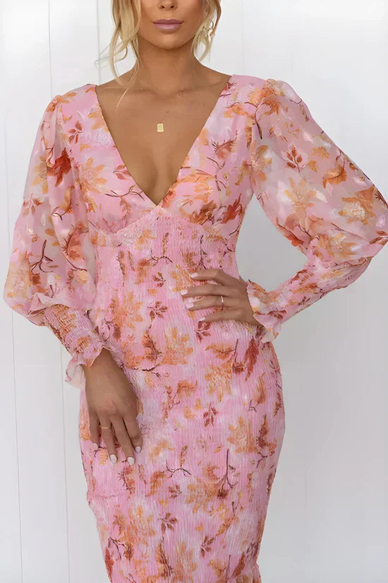 Damen-Midikleid mit Blumenmuster, Puffärmeln und gerüschtem Saum