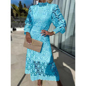 Midi-Kleid aus Spitze für Damen mit langen Ärmeln und Stehkragen