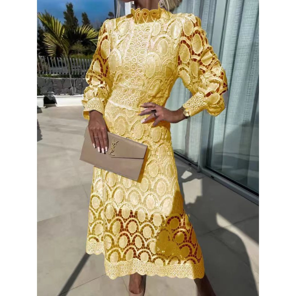 Midi-Kleid aus Spitze für Damen mit langen Ärmeln und Stehkragen