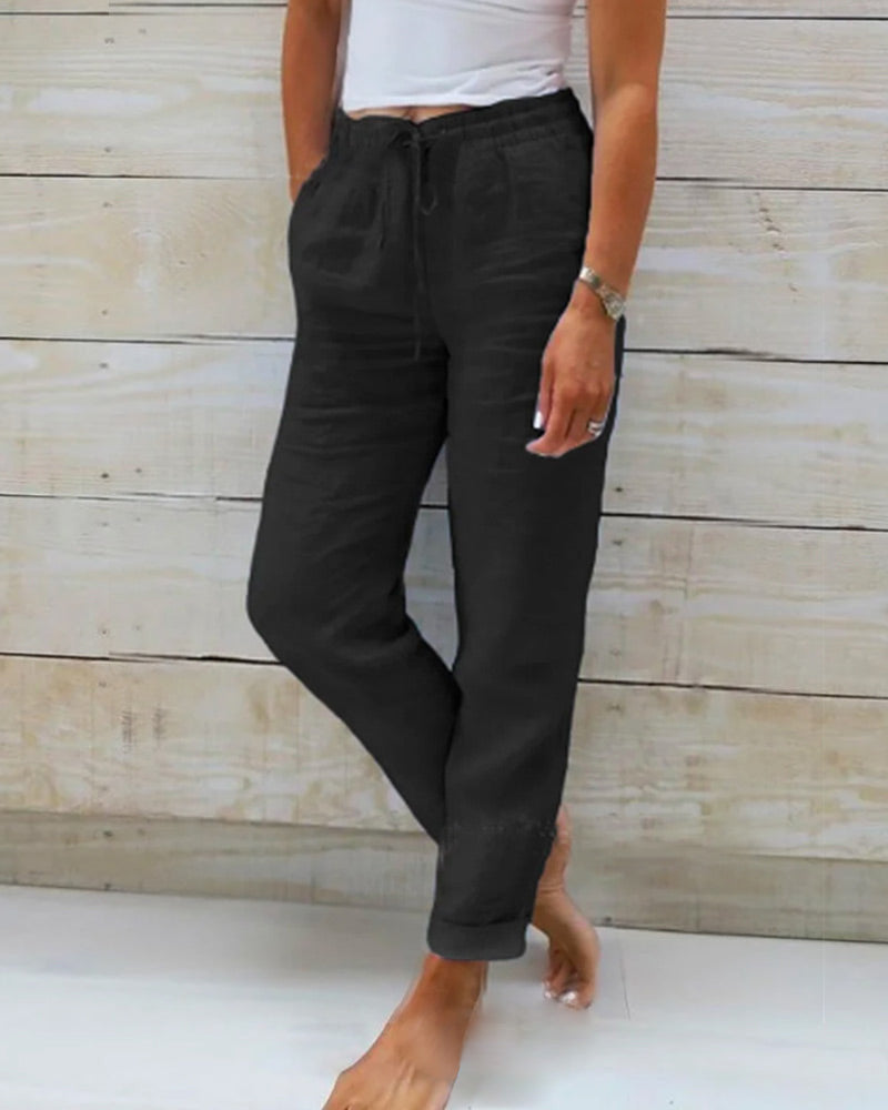 Damenhose mit elastischer Taille, Kordelzug und Taschen