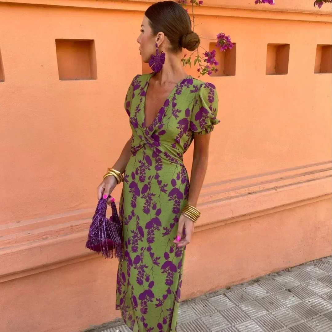 Sommer-Maxikleid für Damen mit Blumenmuster und V-Ausschnitt