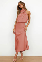 Women’s sleeveless satin maxi dress with halter neckline