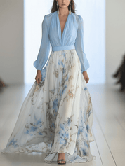 Maxikleid für Damen mit Blumenmuster, langen Ärmeln und V-Ausschnitt