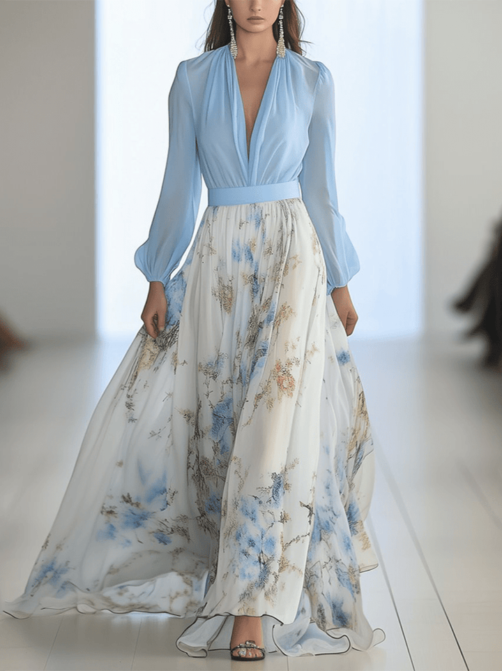 Maxikleid für Damen mit Blumenmuster, langen Ärmeln und V-Ausschnitt
