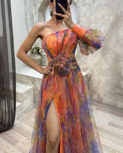 Ein-Schulter-Maxikleid aus Chiffon für Damen mit floralem Überwurf