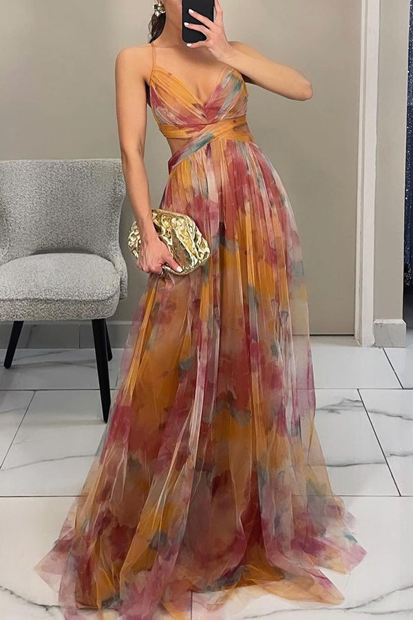 Maxi-Cocktailkleid für Damen mit Mesh-Überzug und V-Ausschnitt