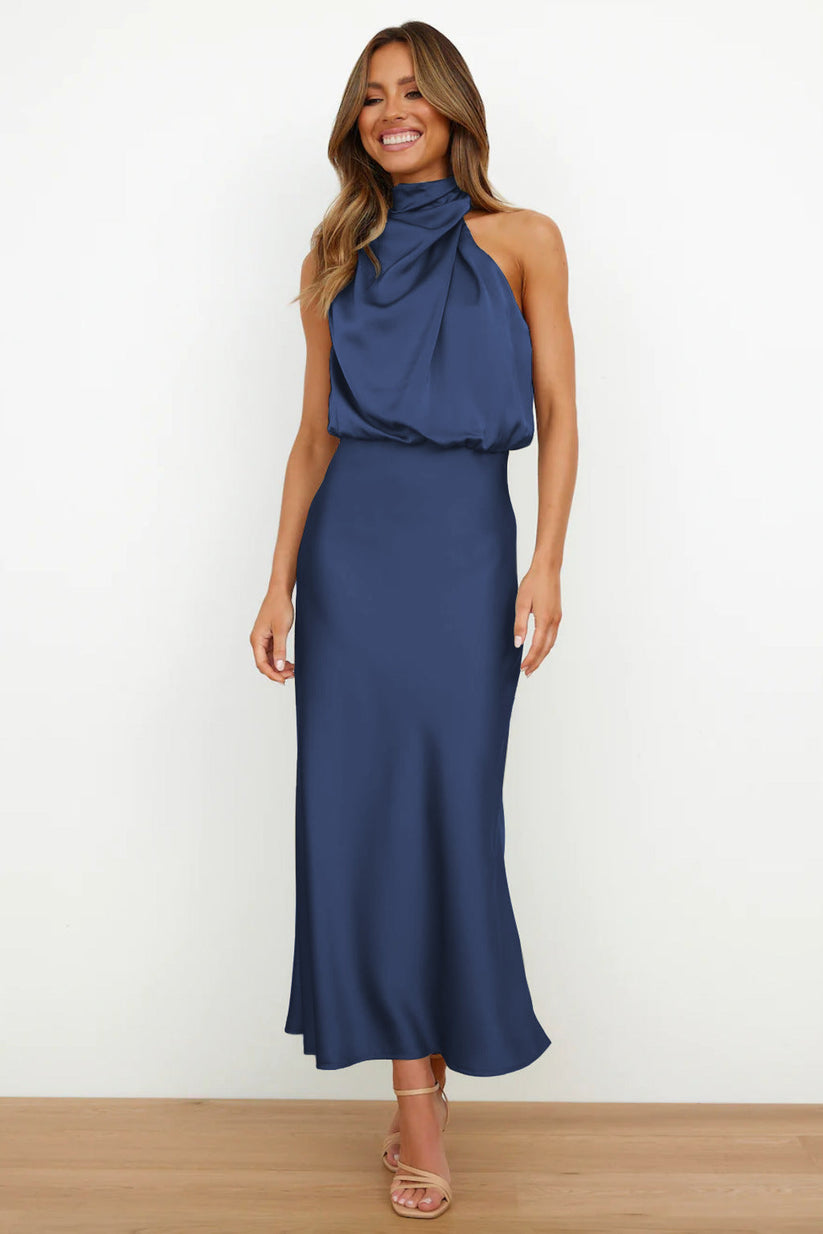 Women’s sleeveless satin maxi dress with halter neckline