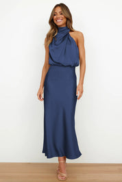 Women’s sleeveless satin maxi dress with halter neckline