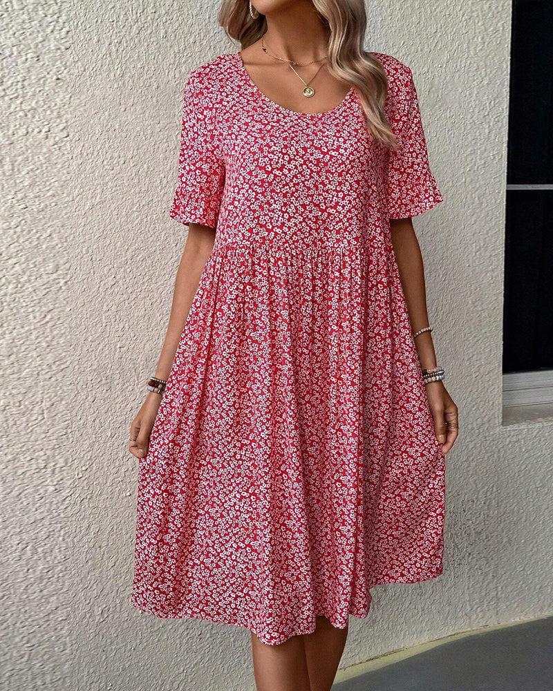 Damen-Freizeitkleid in A-Linie mit Blumenmuster und kurzen Rüschenärmeln