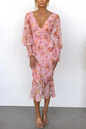 Damen-Midikleid mit Blumenmuster, Puffärmeln und gerüschtem Saum