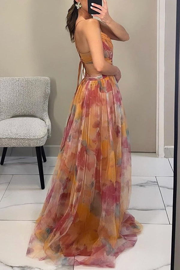 Maxi-Cocktailkleid für Damen mit Mesh-Überzug und V-Ausschnitt