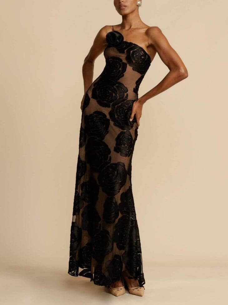 Blumiges, transparentes, trägerloses Maxikleid aus Mesh für Frauen für Veranstaltungen