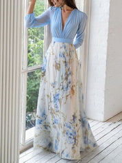 Maxikleid für Damen mit Blumenmuster, langen Ärmeln und V-Ausschnitt