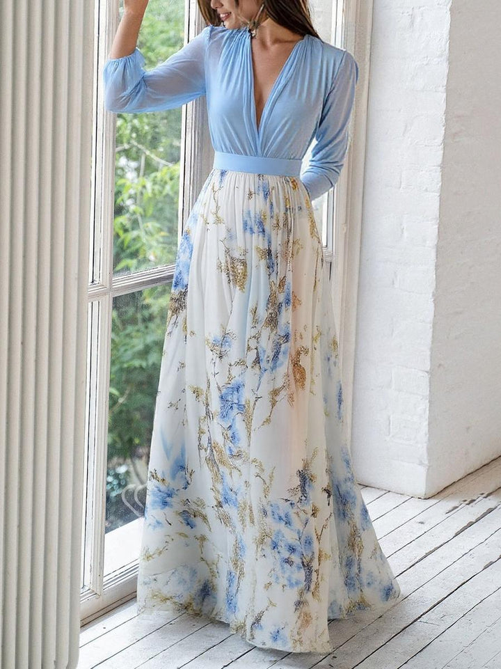 Maxikleid für Damen mit Blumenmuster, langen Ärmeln und V-Ausschnitt