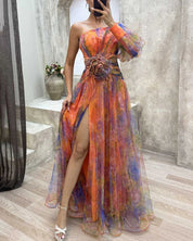 Ein-Schulter-Maxikleid aus Chiffon für Damen mit floralem Überwurf