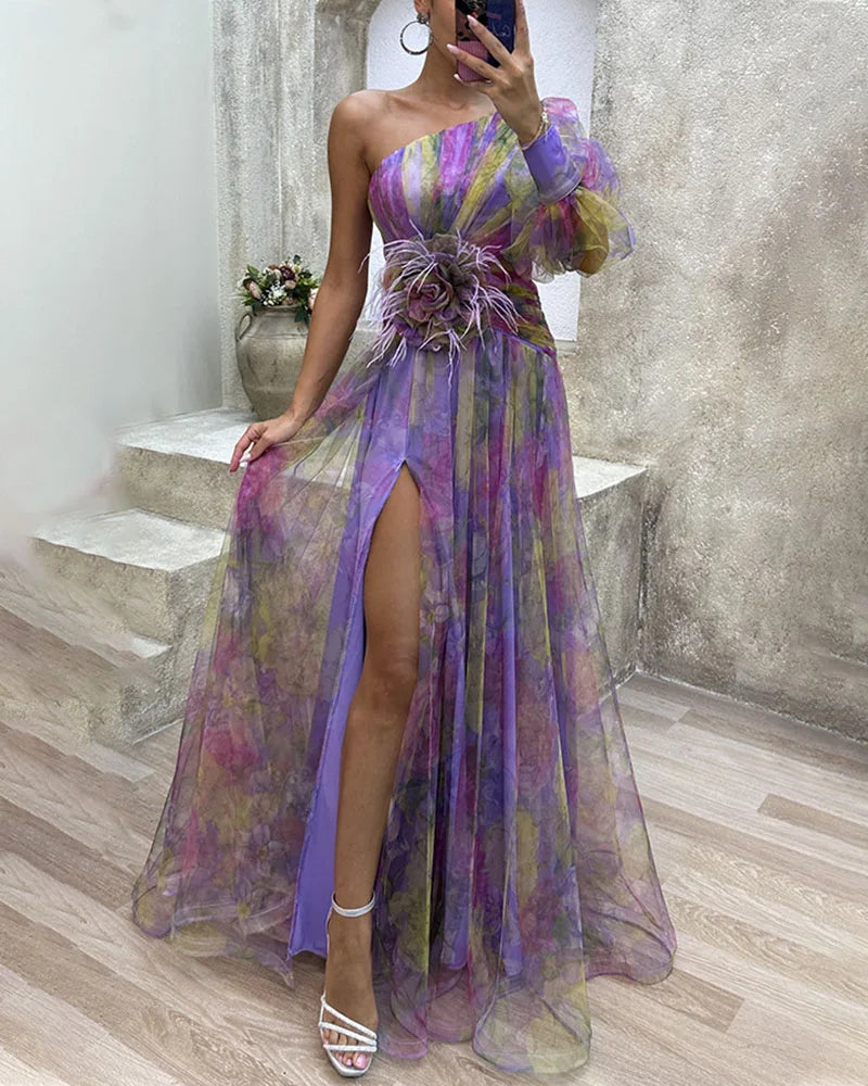 Ein-Schulter-Maxikleid aus Chiffon für Damen mit floralem Überwurf