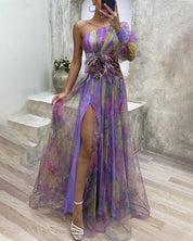 Ein-Schulter-Maxikleid aus Chiffon für Damen mit floralem Überwurf
