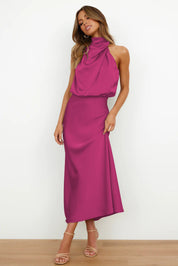 Women’s sleeveless satin maxi dress with halter neckline