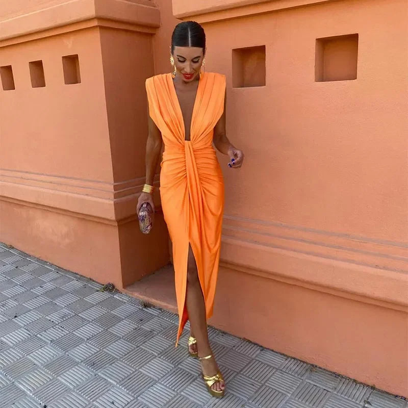 Ärmelloses Midi-Partykleid für Damen mit Schlitzdetail vorne