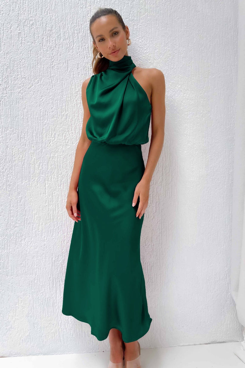 Women’s sleeveless satin maxi dress with halter neckline