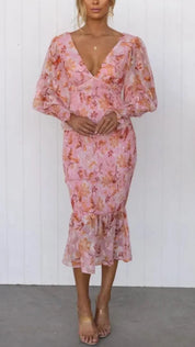 Damen-Midikleid mit Blumenmuster, Puffärmeln und gerüschtem Saum