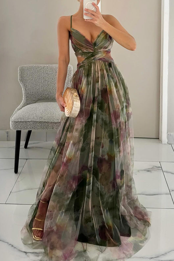 Maxi-Cocktailkleid für Damen mit Mesh-Überzug und V-Ausschnitt