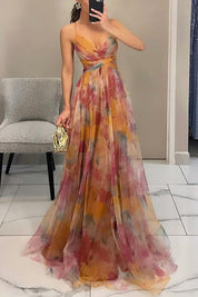 Maxi-Cocktailkleid für Damen mit Mesh-Überzug und V-Ausschnitt