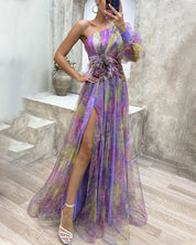 Ein-Schulter-Maxikleid aus Chiffon für Damen mit floralem Überwurf