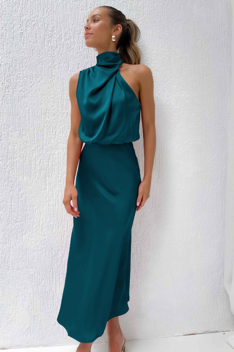 Women’s sleeveless satin maxi dress with halter neckline