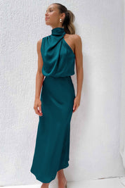 Women’s sleeveless satin maxi dress with halter neckline