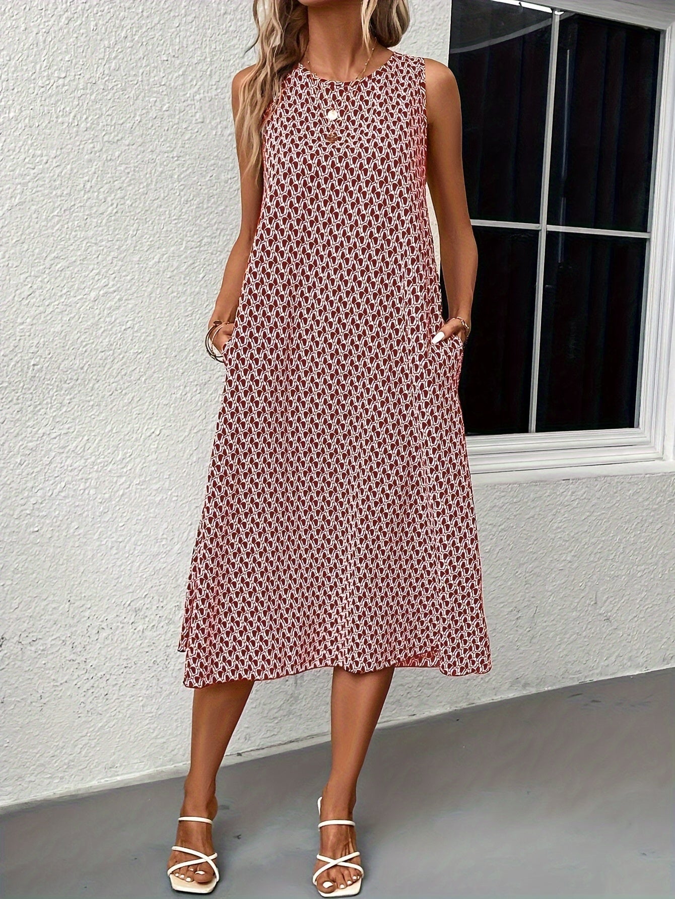 Ärmelloses Midikleid für Damen mit abstraktem roten Print