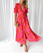 Maxikleid für Damen mit Blumenmuster, Puffärmeln, V-Ausschnitt und Schlitz