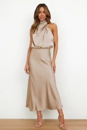 Women’s sleeveless satin maxi dress with halter neckline