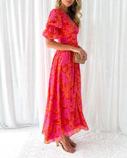 Maxikleid für Damen mit Blumenmuster, Puffärmeln, V-Ausschnitt und Schlitz