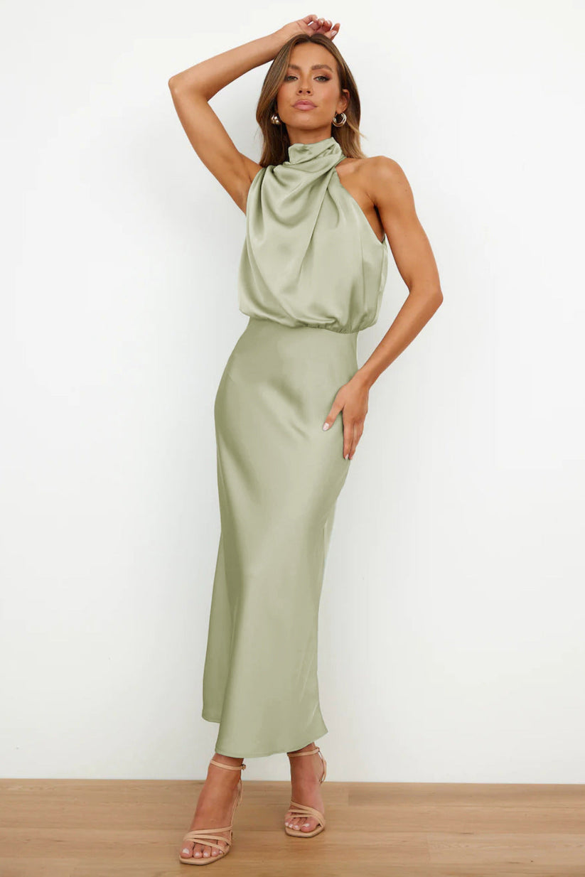 Women’s sleeveless satin maxi dress with halter neckline