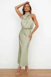 Women’s sleeveless satin maxi dress with halter neckline
