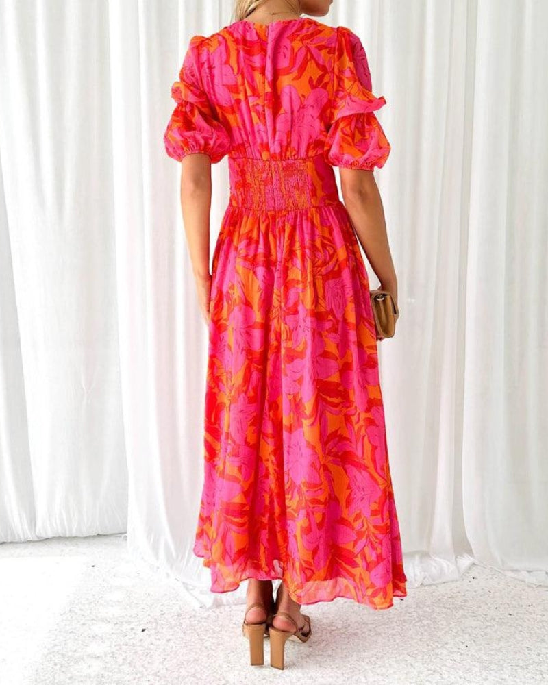 Maxikleid für Damen mit Blumenmuster, Puffärmeln, V-Ausschnitt und Schlitz