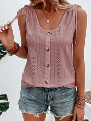Ärmellose Ösenbluse für Damen mit Bindebändern und Knöpfen