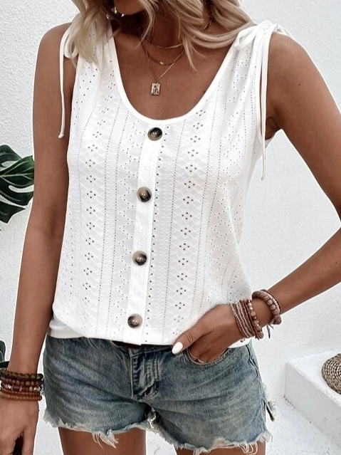 Ärmellose Ösenbluse für Damen mit Bindebändern und Knöpfen