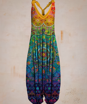 Ärmelloser Boho-Overall für Damen mit V-Ausschnitt und Printmuster