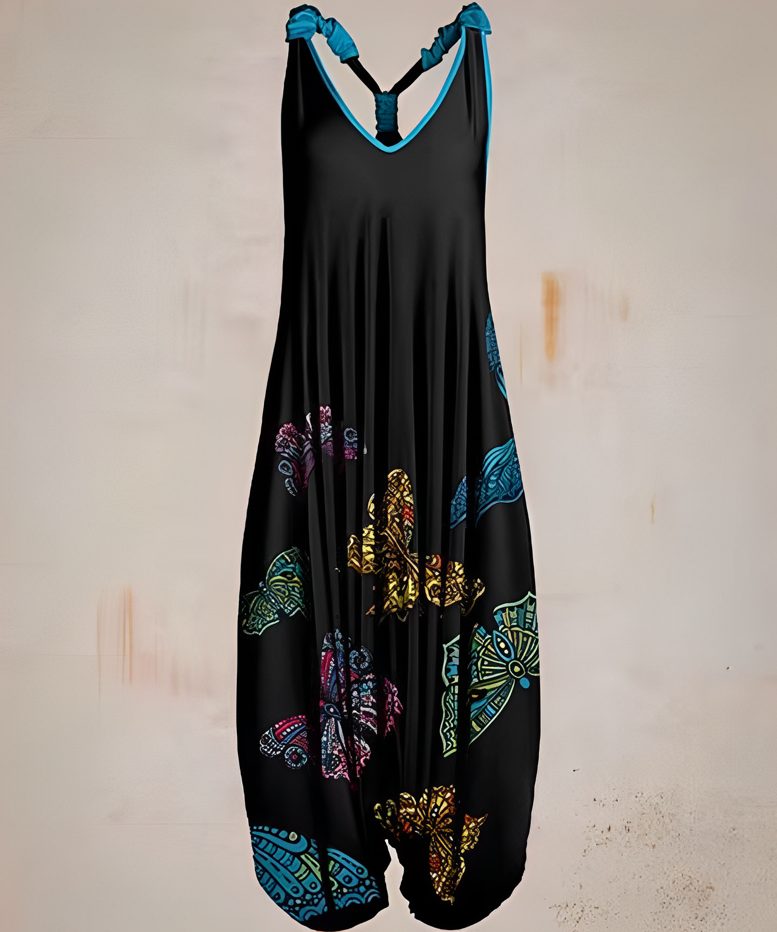 Ärmelloser Boho-Overall für Damen mit V-Ausschnitt und Printmuster