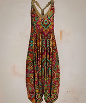 Ärmelloser Boho-Overall für Damen mit V-Ausschnitt und Printmuster