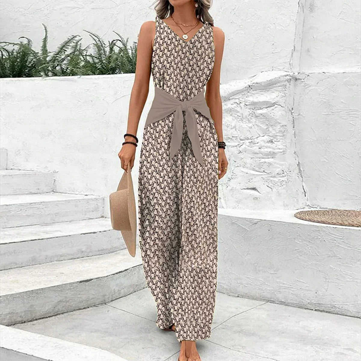 Ärmelloser Damen-Overall mit V-Ausschnitt und Hose mit weitem Bein