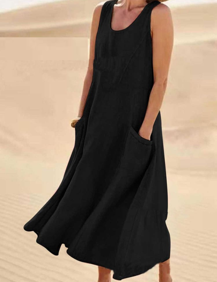 Sleeveless A-line midi dress for women with pockets