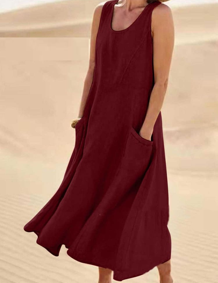 Sleeveless A-line midi dress for women with pockets