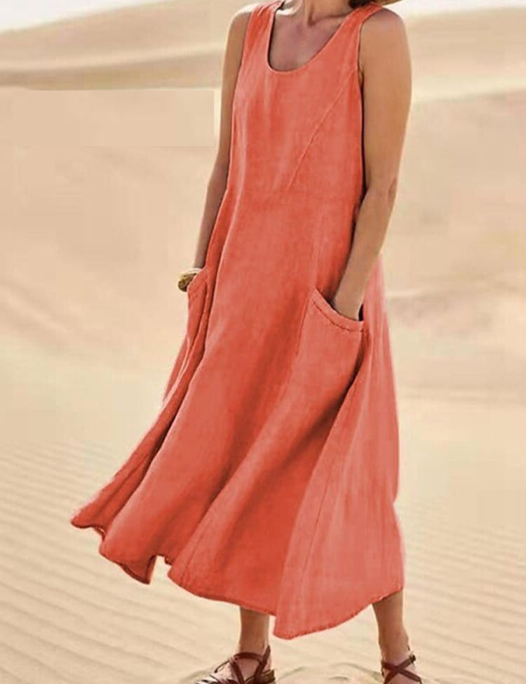 Sleeveless A-line midi dress for women with pockets