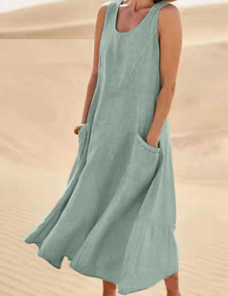 Sleeveless A-line midi dress for women with pockets